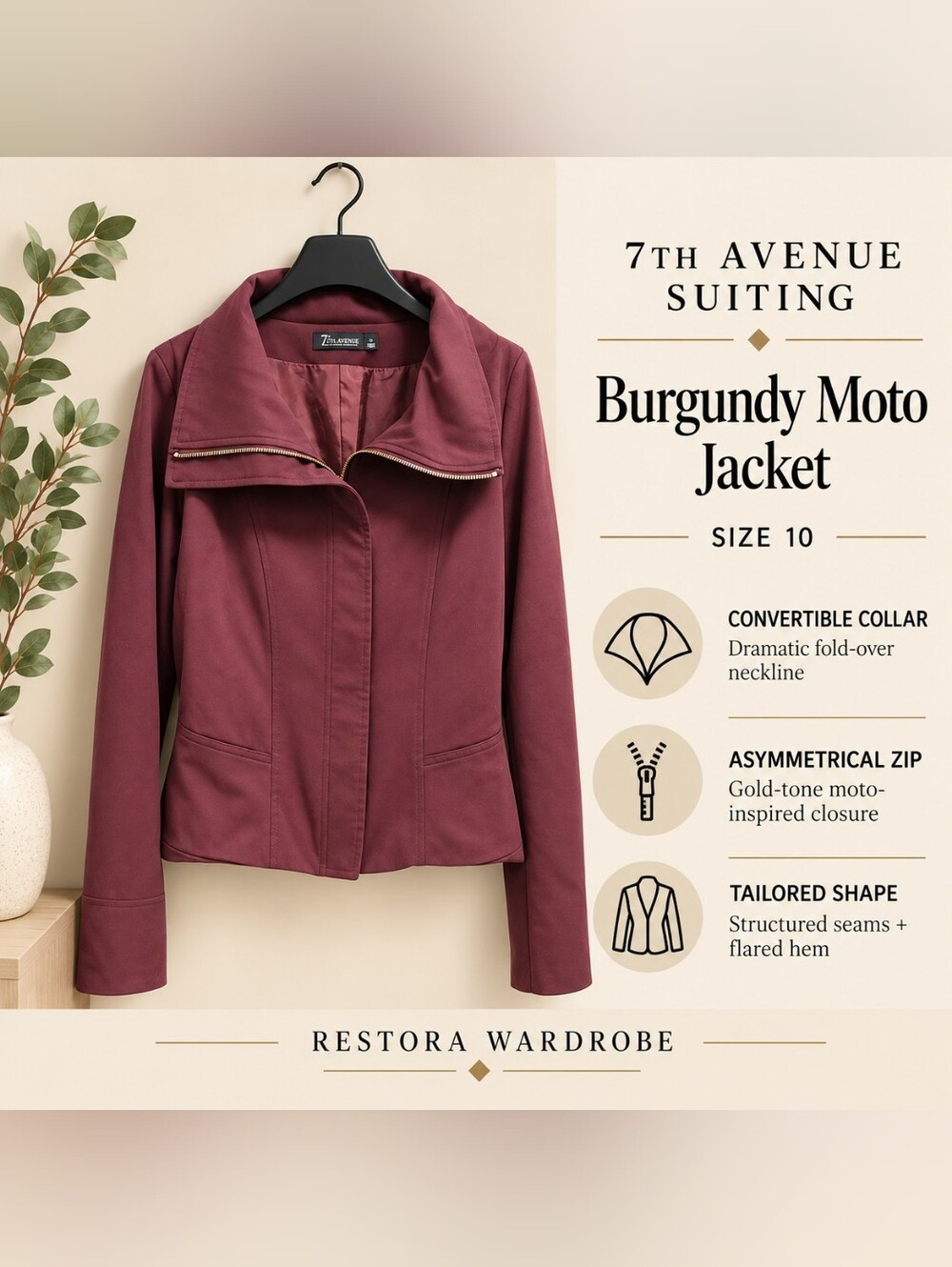 7th Avenue Suiting Moto Jacket Burgundy Asymmetrical Zip Size 10 Dark Academia